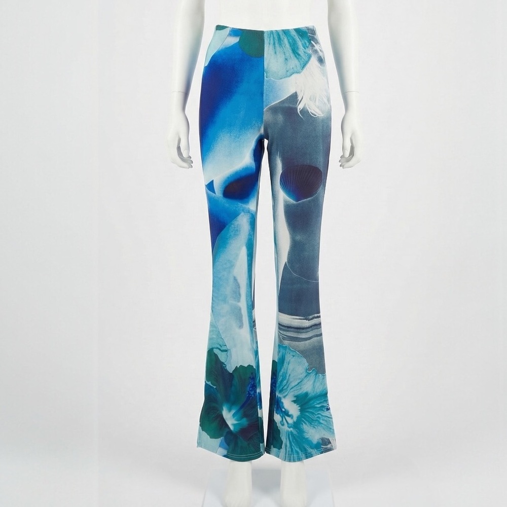 Tiger Mist Blue Floral Hibiscus Flare Pants Small Nwt Festival Rave High Waist